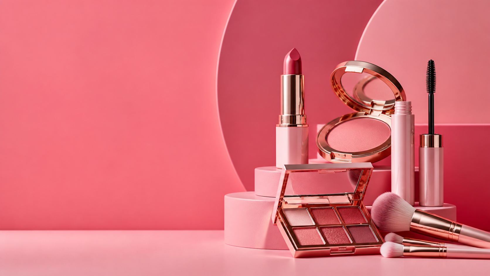 Rose makeup collection with lipstick, blush, mascara and brushes