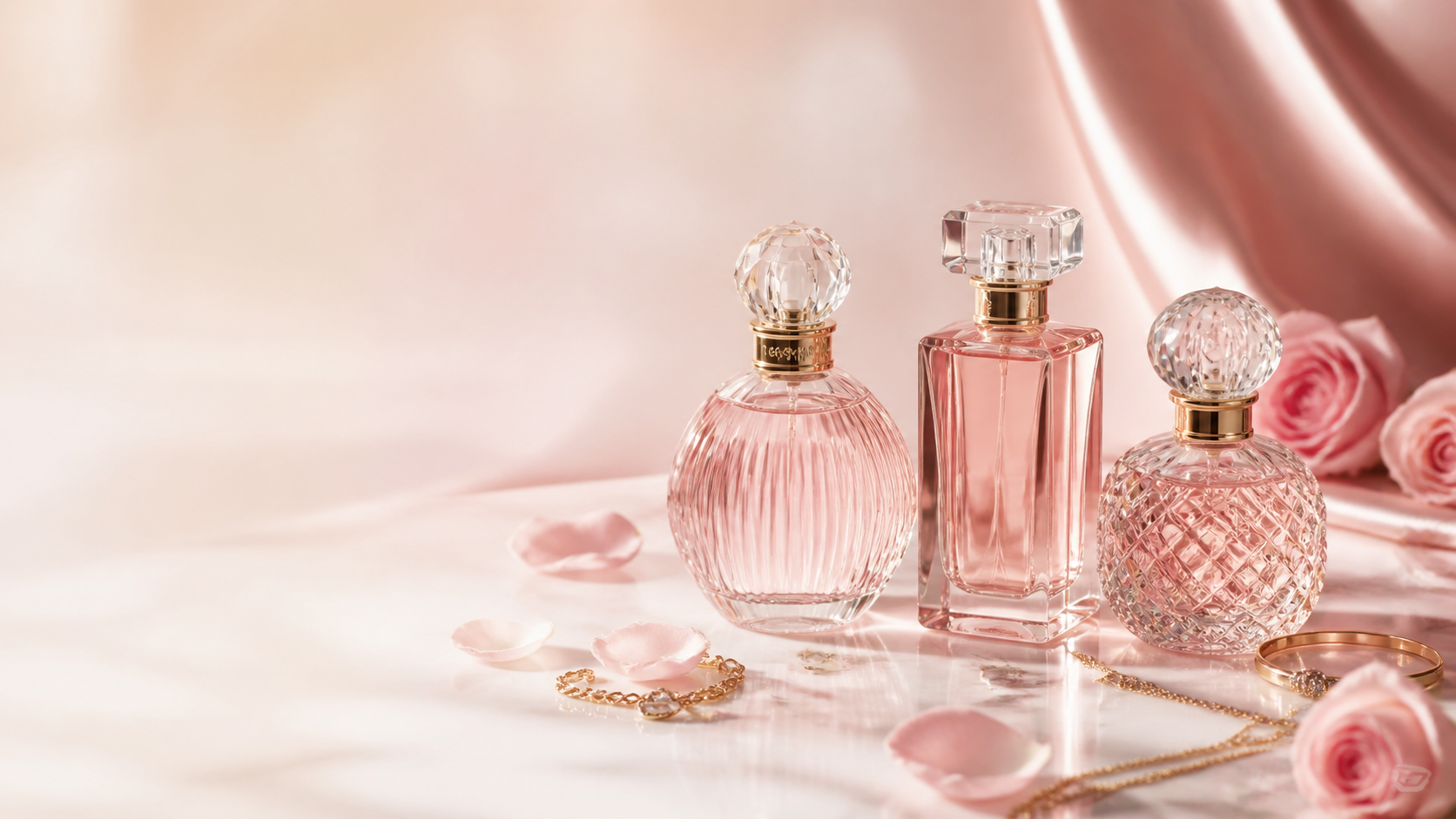Pink perfume bottles with rose petals and gold accents